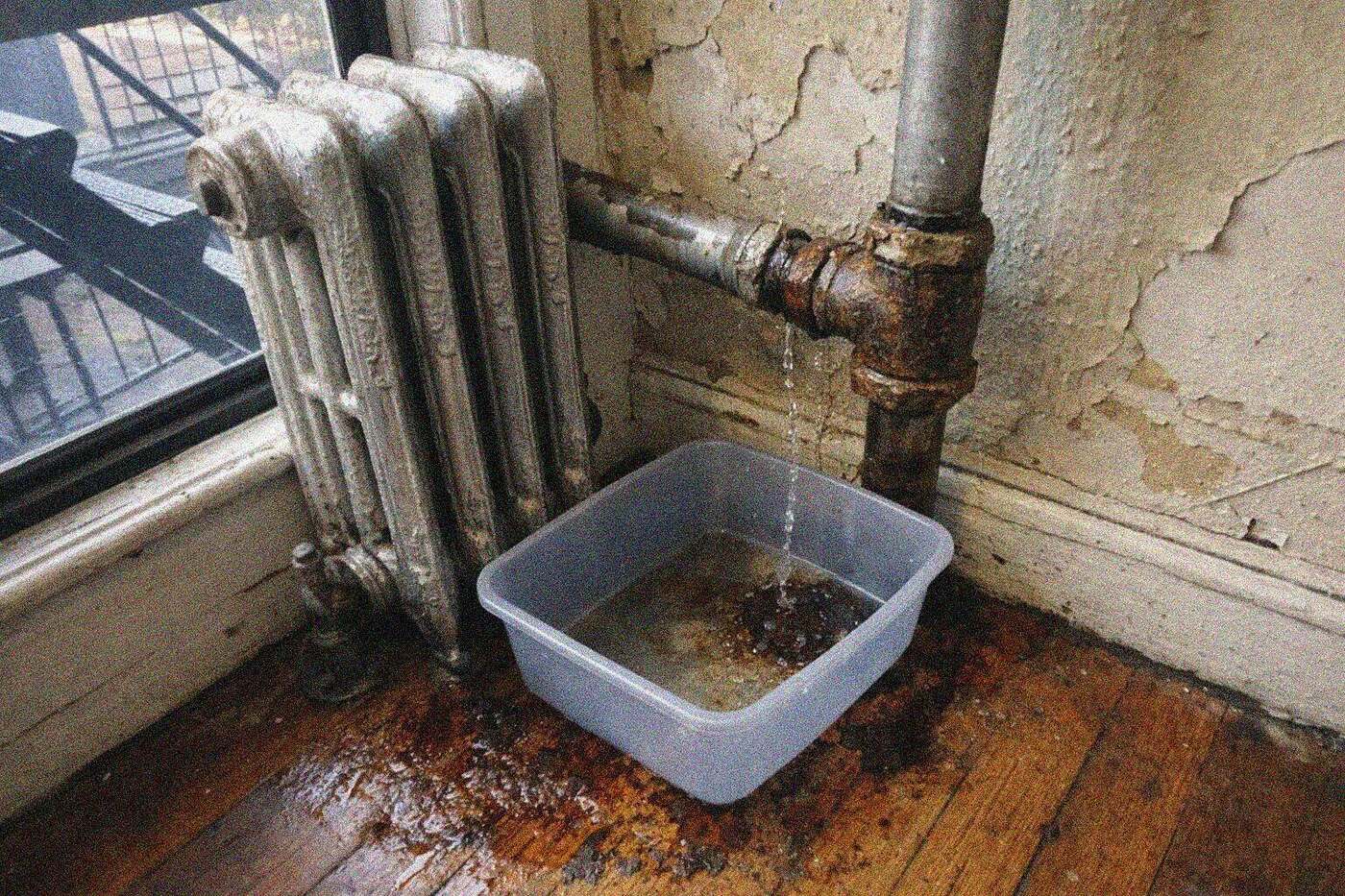 Water leaking from the valve of a cast-iron radiator onto the floor of a pre-war apartment in the Bronx