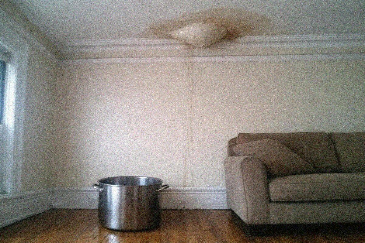 A brown water stain spreading across a plaster ceiling in a pre-war New York apartment, with the paint starting to blister