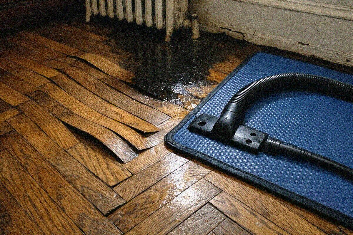 Pre-war oak parquet floor in a New York apartment with blocks cupping at the edges after a water leak
