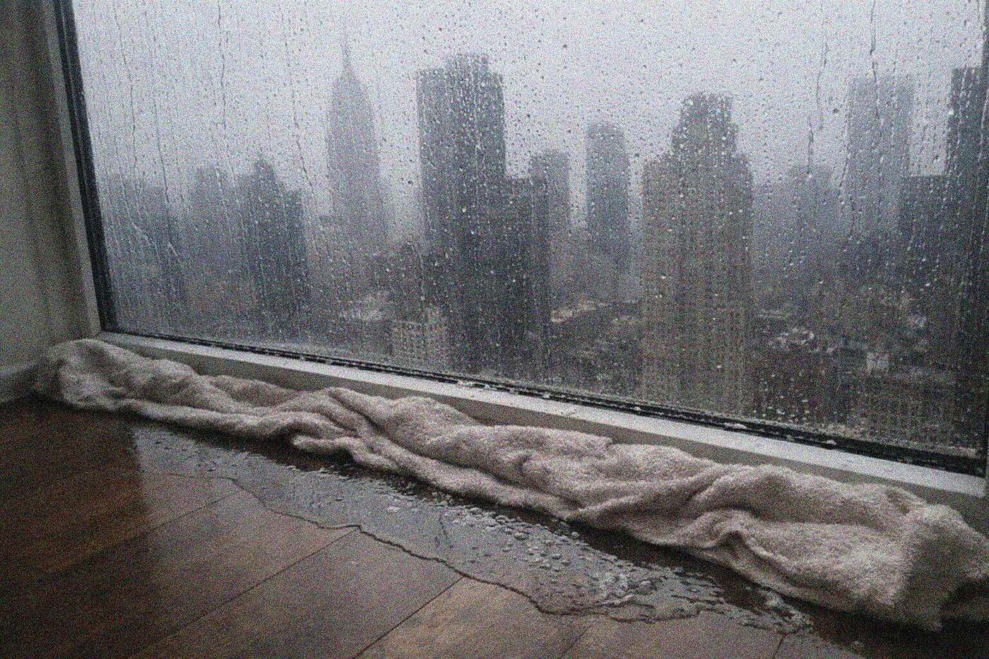 Water running down the inside of a high-rise apartment window in Manhattan with the city skyline behind it