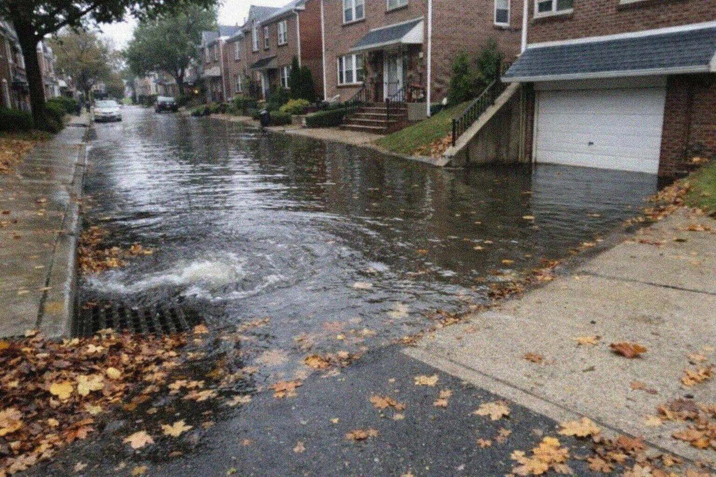 A semi-detached house in Queens with storm water pooling in the street over a blocked drain during heavy rain
